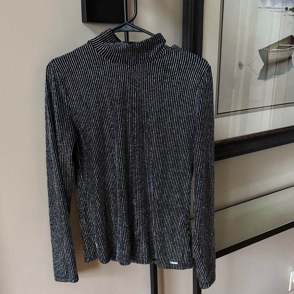 Tahari Black and Silver Striped Top Medium